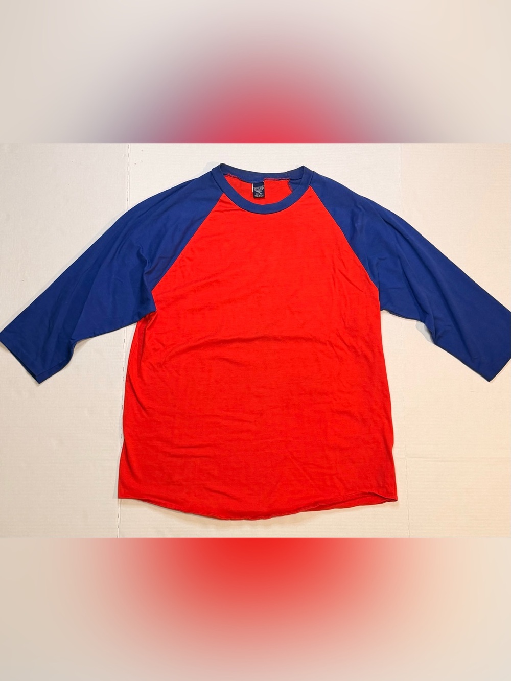 Lands End Vintage 1991 Red Blue Baseball Stadium Ringer T Shirt USA Blank Jersey